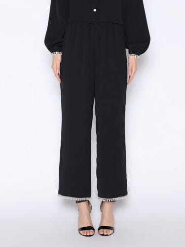 High Elastic Waist Pearl Hem Pants PANTS Gracia Fashion BLACK S 