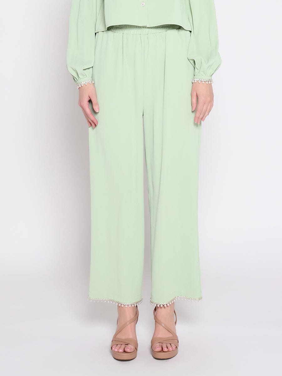 High Elastic Waist Pearl Hem Pants PANTS Gracia Fashion GREEN S 