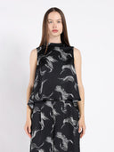High-Low Sleeveless Printed Shirt TOP Gracia Fashion BLACK S 