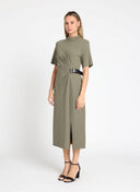 High neck belt buckle detail solid dress DRESS Gracia Fashion 