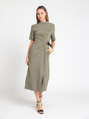 High neck belt buckle detail solid dress DRESS Gracia Fashion 