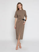 High Neck Belt Buckle Detail Solid Dress DRESS Gracia Fashion 