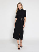 High neck belt buckle detail solid dress DRESS Gracia Fashion 