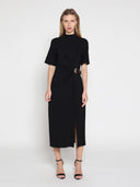 High neck belt buckle detail solid dress DRESS Gracia Fashion BLACK S 