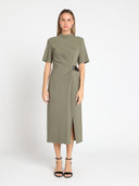 High neck belt buckle detail solid dress DRESS Gracia Fashion OLIVE S 