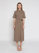 High neck belt buckle detail solid dress DRESS Gracia Fashion TAUPE S 
