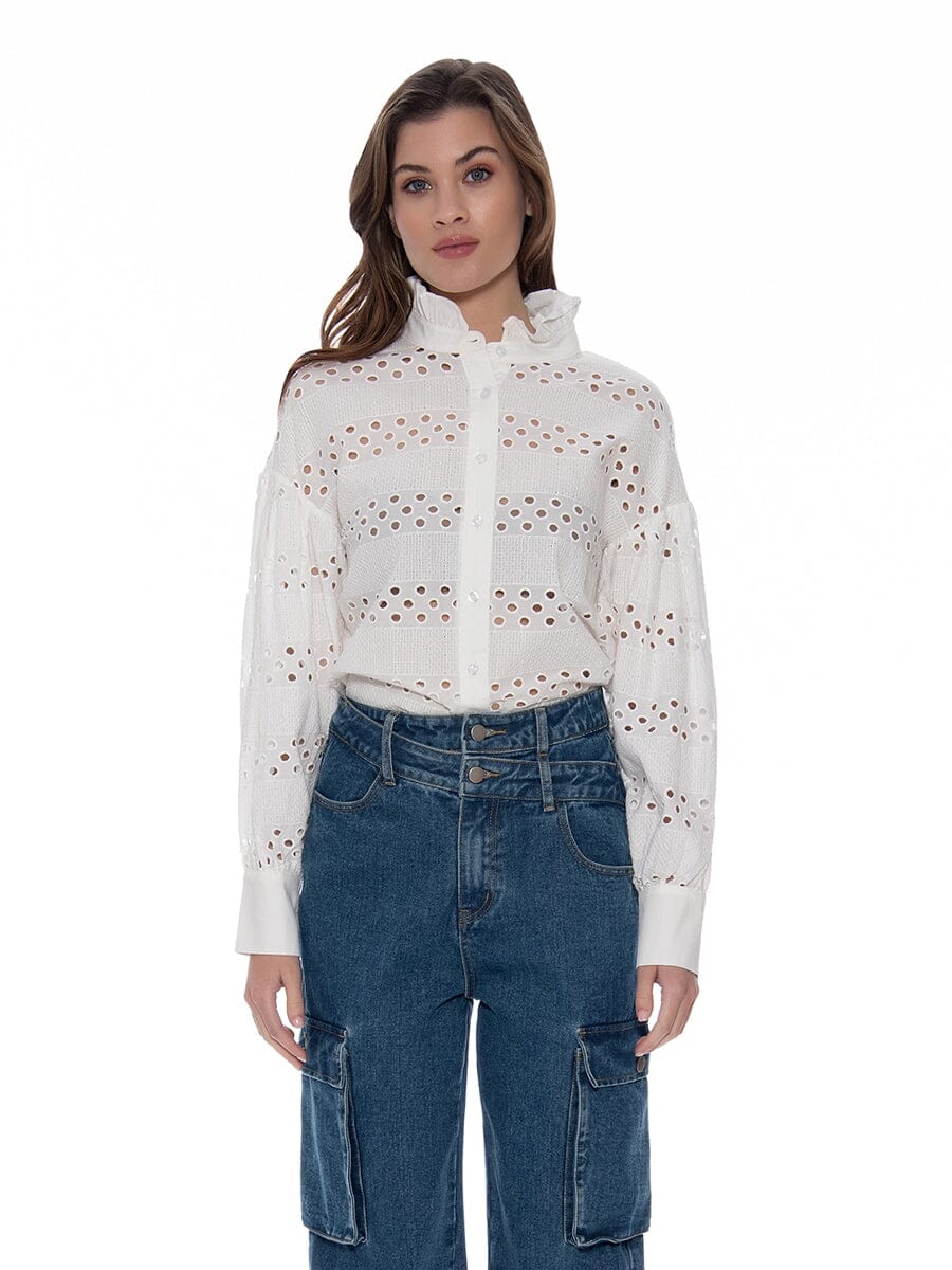 High Neck Frill Circle Horizontal Embroidery Shirt TOP Gracia Fashion WHITE S 