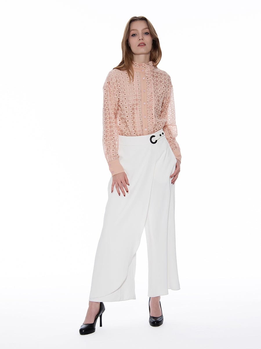 High Neck Frill Detail Circle Embroidered Shirt TOP Gracia Fashion MAUVE S 
