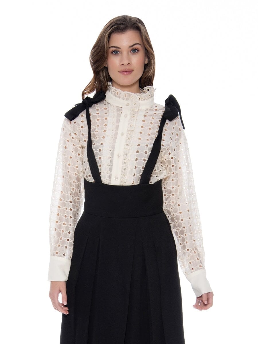 High Neck Frill Detail Circle Embroidered Shirt TOP Gracia Fashion CREME S 