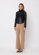 High Neck Mesh Detail Ruched Bust Pleather Top TOP Gracia Fashion 