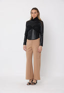 High Neck Mesh Detail Ruched Bust Pleather Top TOP Gracia Fashion 