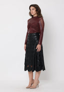 High Neck Mesh Detail Ruched Bust Pleather Top TOP Gracia Fashion 