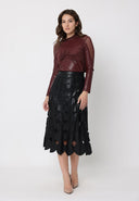High Neck Mesh Detail Ruched Bust Pleather Top TOP Gracia Fashion 