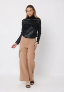 High Neck Mesh Detail Ruched Bust Pleather Top TOP Gracia Fashion 