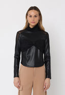 High Neck Mesh Detail Ruched Bust Pleather Top TOP Gracia Fashion BLACK S 