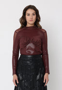 High Neck Mesh Detail Ruched Bust Pleather Top TOP Gracia Fashion BURGUNDY S 