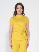 High neck tie detail short sleeve solid top TOP Gracia Fashion MUSTARD S 