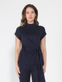 High neck tie detail short sleeve solid top TOP Gracia Fashion NAVY S 