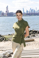High neck tie detail short sleeve solid top TOP Gracia Fashion OLIVE S 