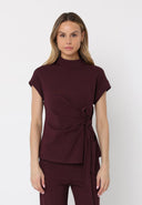 High neck tie detail short sleeve solid top TOP Gracia Fashion PLUM S 