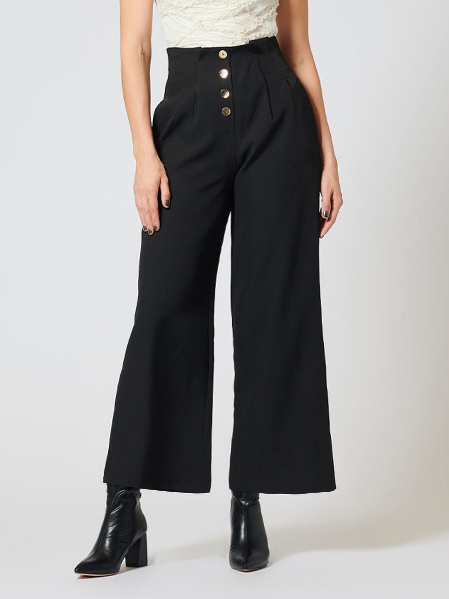 High-Waist Plicated Wide Leg Solid Pants PANTS Gracia Fashion BLACK S 