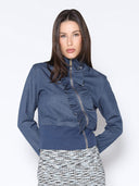 Highneck Assymetrical Ruffled Zip Denim Jacket JACKET Gracia Fashion 