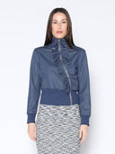 Highneck Assymetrical Ruffled Zip Denim Jacket JACKET Gracia Fashion DARK DENIM S 