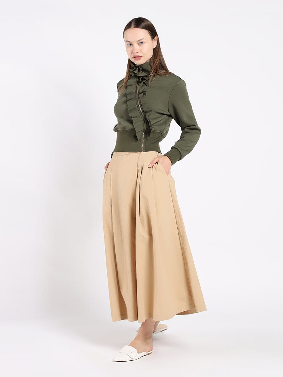 Highneck Scuba Assymetrical Ruffled Zip Jacket JACKET Gracia Fashion OLIVE S 