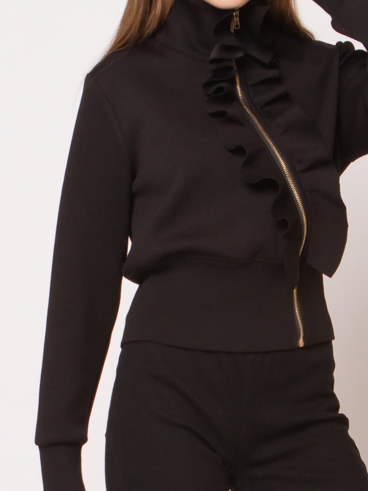 Highneck Scuba Assymetrical Ruffled Zip Jacket JACKET Gracia Fashion BLACK S 