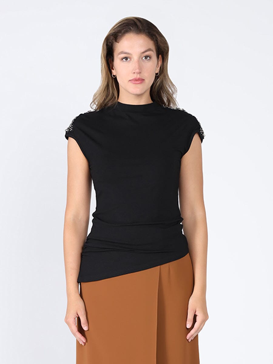 Jersey Sleeveless Top with Beads of Shoulder TOP Gracia Fashion BLACK S 