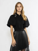 Jewelled Collar Button-up Shirt W/ Puff Sleeves TOP Gracia Fashion BLACK S 