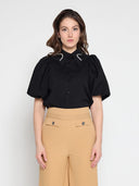 Jewelled Collar Button-up Shirt W/ Puff Sleeves TOP Gracia Fashion BLACK S 