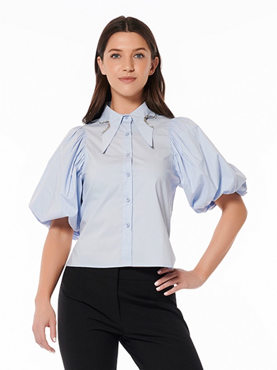 Jewelled Collar Button-up Shirt W/ Puff Sleeves TOP Gracia Fashion L/BLUE S 