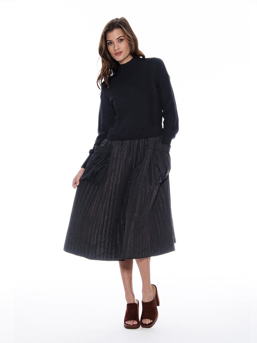 Knitted Body Layered w/ Quilted A-line Long Dress DRESS Gracia Fashion BLACK S 