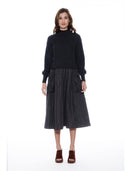 Knitted Body Layered w/ Quilted A-line Long Dress DRESS Gracia Fashion BLACK S 