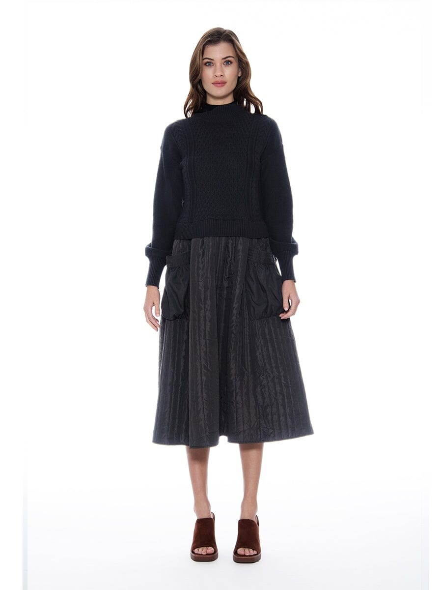 Knitted Body Layered w/ Quilted A-line Long Dress DRESS Gracia Fashion BLACK S 