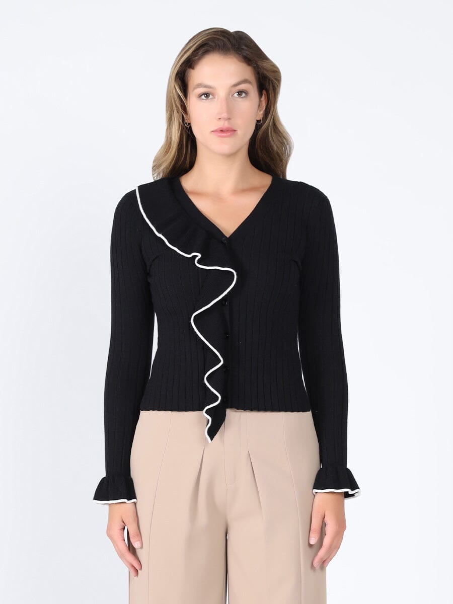 Knitted ruffle v-neck top TOP Gracia Fashion BLACK S 