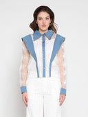 Lace and Denim Button-up Shirt TOP Gracia Fashion WHITE/DENIM S 