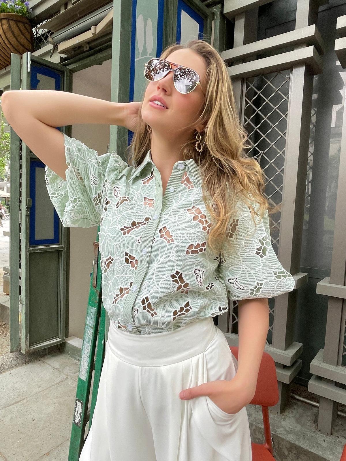 Lace body with linen women shirt TOP Gracia Fashion GREEN S 