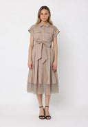 Lace Detail Bottom Short Sleeve Midi Dress DRESS Gracia Fashion BEIGE S 