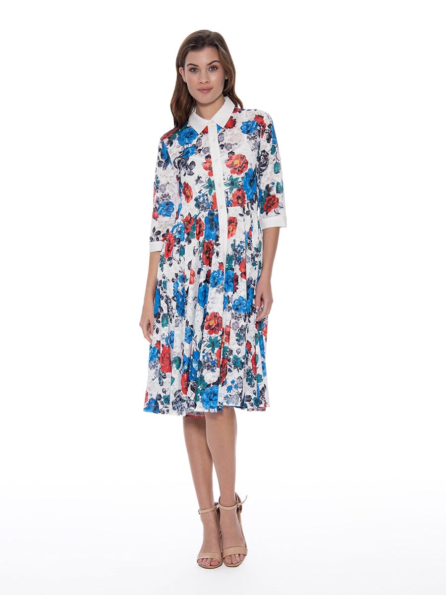 Lace Floral A-Line Button Down Dress DRESS Gracia Fashion WHITE S 