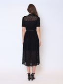 Lace Floral Button Front Mock Neck Belted Dress DRESS Gracia Fashion 