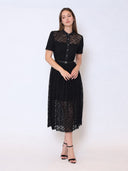 Lace Floral Button Front Mock Neck Belted Dress DRESS Gracia Fashion 