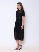 Lace Floral Button Front Mock Neck Belted Dress DRESS Gracia Fashion 
