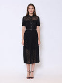Lace Floral Button Front Mock Neck Belted Dress DRESS Gracia Fashion BLACK S 