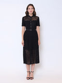 Lace Floral Button Front Mock Neck Belted Dress DRESS Gracia Fashion BLACK S 