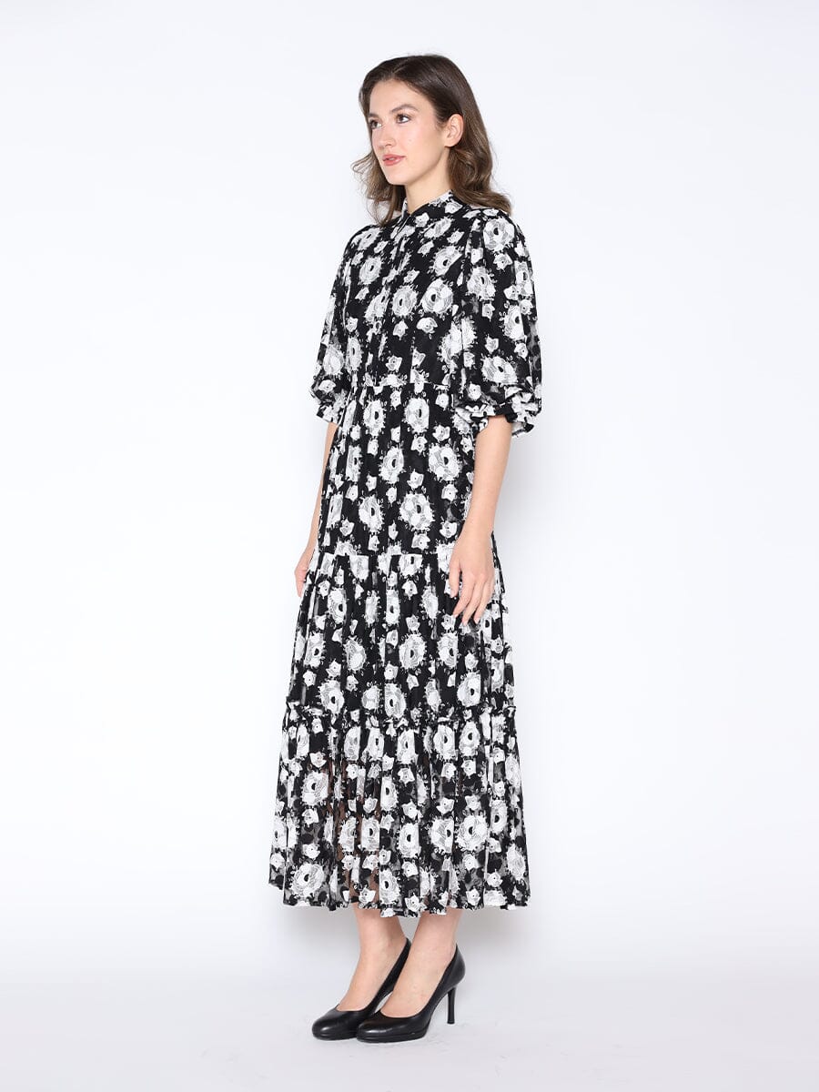 Lace Floral Print Puff Sleeve A-Line Maxi Dress - Gracia Fashion