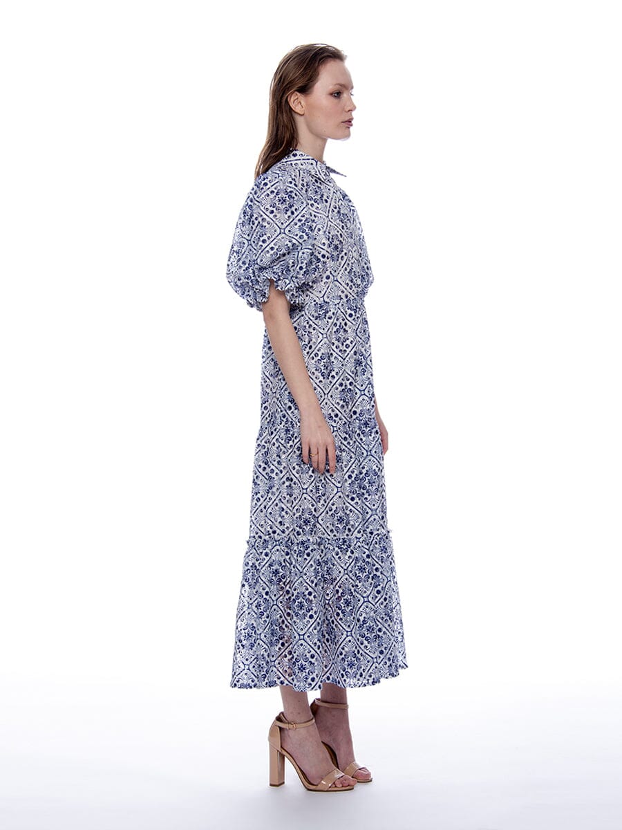 Lace Floral Print Puff Sleeve Ruffle Hem Dress DRESS Gracia Fashion 