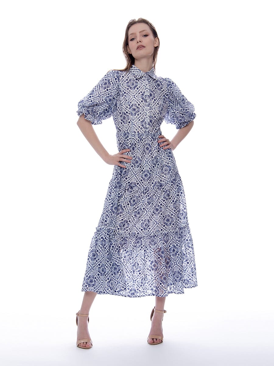 Lace Floral Print Puff Sleeve Ruffle Hem Dress DRESS Gracia Fashion 