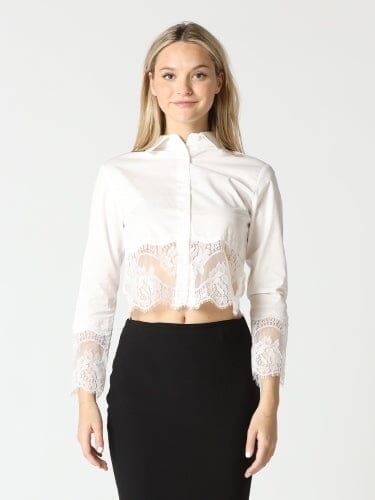 Lace Hem Button Down Shirt TOP Gracia Fashion WHITE S 